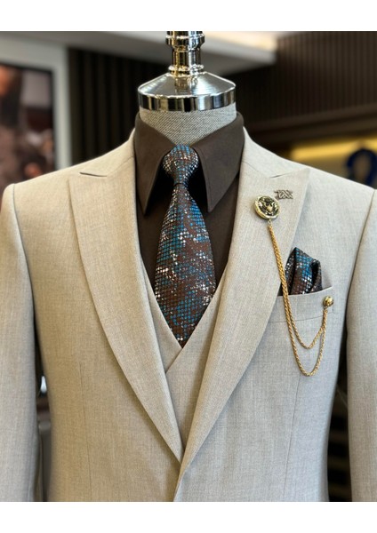 Italyan Stil Ceket Yelek Pantolon Takım Elbise Bej T12811 fiyatları