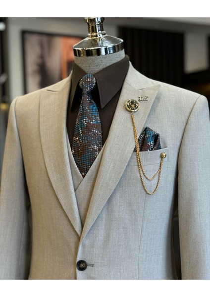 Italyan Stil Ceket Yelek Pantolon Takım Elbise Bej T12811 fırsatları