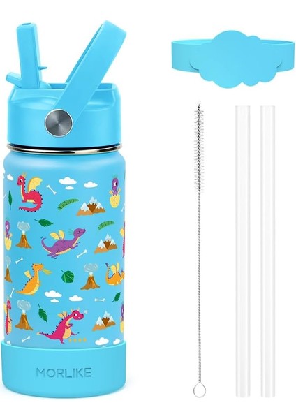 ，，çocuklar Için Saman Kapaklı Su Şişesi 14 Oz Vakum Yalıtımlı Paslanmaz Çelik Seyahat Tumbler Termos Okul Için Sızdırmaz Yürümeye Başlayan Kızlar Su Şişesi (Dinozor) (Yurt Dışından)