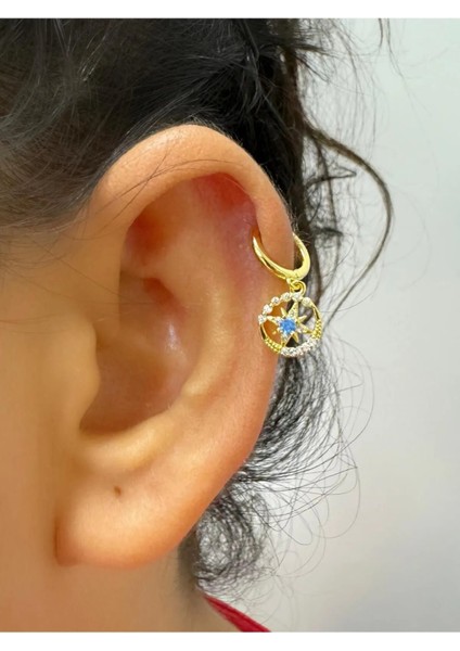 Arescollection Mavi Zirkon Taşlı Kutup Yıldızı 1 Adet Helix Kıkırdak Kulak Memesi Uyumlu Halka Piercing Küpe