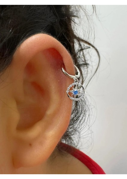 Arescollection Mavi Zirkon Taşlı Kutup Yıldızı 1 Adet Helix Kıkırdak Kulak Memesi Uyumlu Halka Piercing Küpe