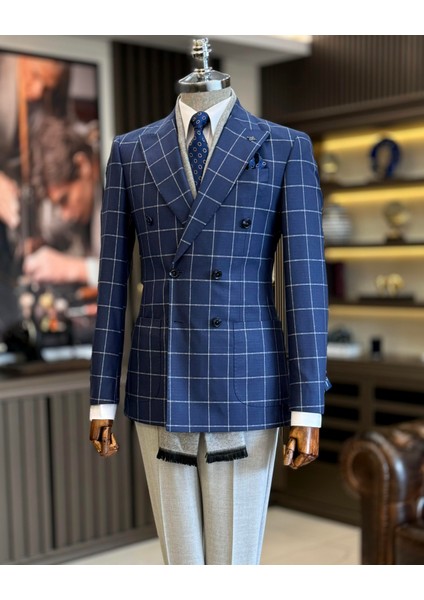 Italyan Stil Slim Fit Ekose Kravuze Erkek Tek Ceket Lacivert T12892