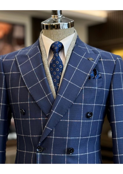 Italyan Stil Slim Fit Ekose Kravuze Erkek Tek Ceket Lacivert T12892