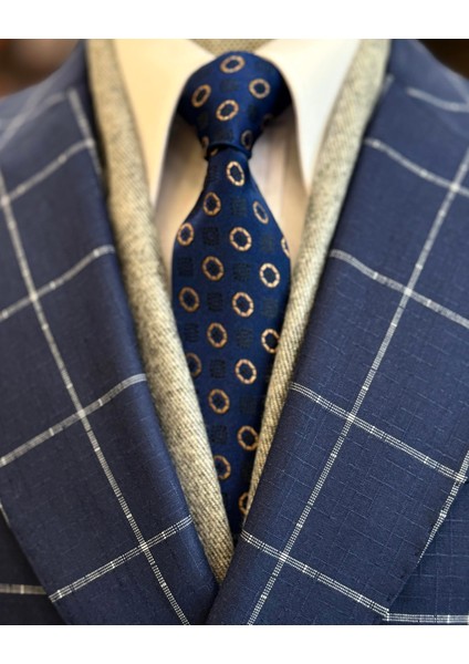 Italyan Stil Slim Fit Ekose Kravuze Erkek Tek Ceket Lacivert T12892