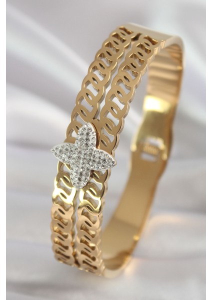 316L Çelik Gold Renk Zirkon Taşlı Çiçek Model Kadın Kelepçe - TJ-BB5902
