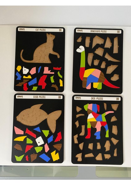 Dinozor, Kedi, Köpek ve Balık Sevimli Hayvanlar Puzzle Tablo Çocuklara Özel 4'lü Set
