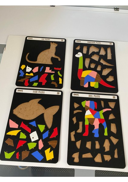 Dinozor, Kedi, Köpek ve Balık Sevimli Hayvanlar Puzzle Tablo Çocuklara Özel 4'lü Set