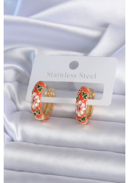 316L Çelik Gold Renk Çiçek İşleme Turuncu Kadın Küpe - TJ-BKP7891