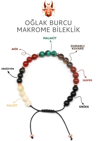 Oğlak Burcu Taşlarından Oluşan Doğal Taş Makrome Bileklik 6 mm Küre Kesim - Burç Bilekliği