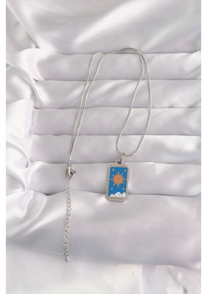 316L Çelik Gümüş Renk Mavi Mineli Güneş Model Tarot Kolye - TJ-BKO9042