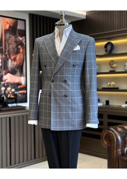 Italyan Stil Slim Fit Ekose Kravuze Erkek Tek Ceket Gri T12893