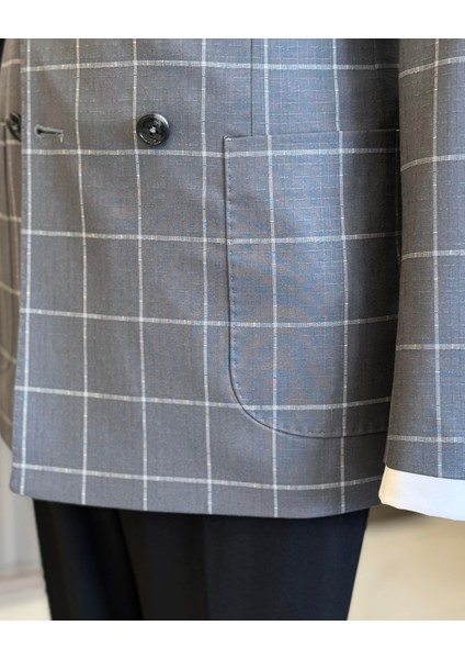 Italyan Stil Slim Fit Ekose Kravuze Erkek Tek Ceket Gri T12893