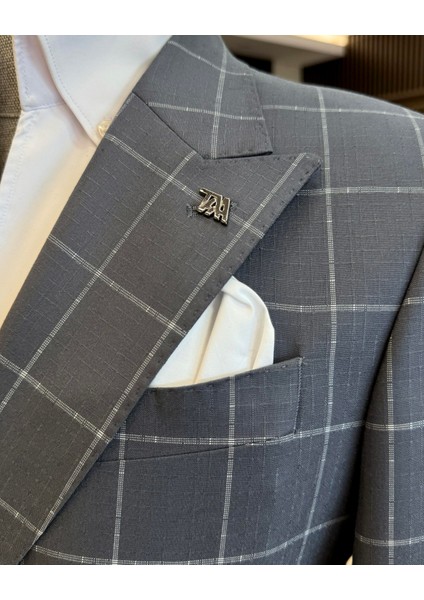 Italyan Stil Slim Fit Ekose Kravuze Erkek Tek Ceket Gri T12893