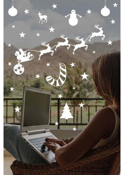 Happy new year sticker çıkartma yeni yıl süsü parti cam süsü kar tanesi