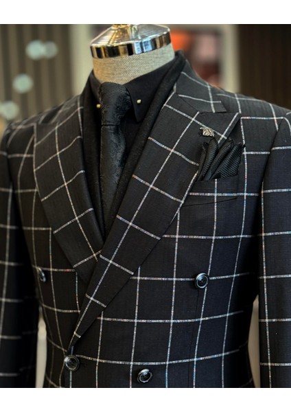 İtalyan stil slim fit ekose kruvaze erkek tek ceket siyah T12895 indirimleri