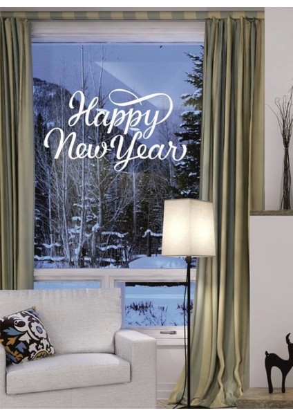 Happy new year temalı vitrin cam sticker beyaz model 3 90 x 50 cm