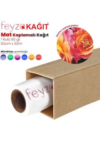 Feyza Kağıt® Premium Mat Coated Kağıt (Kaplamalı) 90 gr Rulo 62 cm x 50 mt  - 1 Rulo