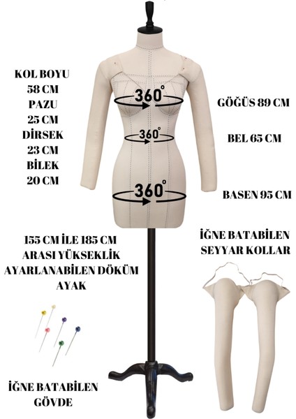 Profesyonel 38 Beden Seyyar Kollu Iğne Batabilen Terzi Mankeni Prova Mankeni fiyatları