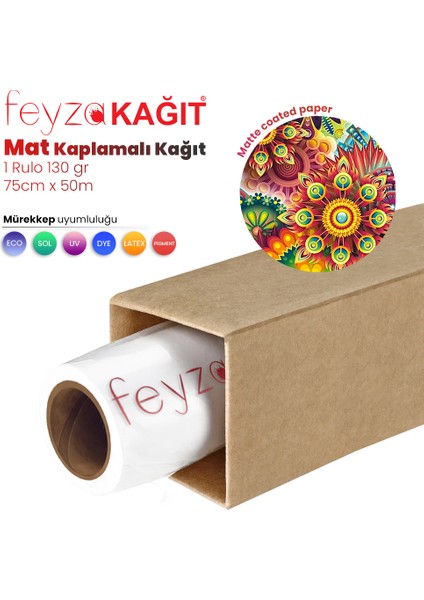 Feyza Kağıt® Premium Mat Coated Kağıt (Kaplamalı) 130 gr Rulo 75 cm x 50 mt  - 1 Rulo