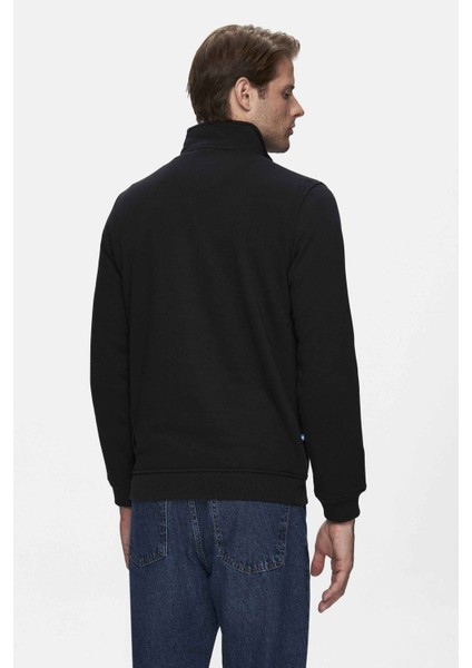 LEON Siyah Yarım Fermuar Dik Yaka Nakışlı Standard Fit Erkek Sweatshirt modelleri
