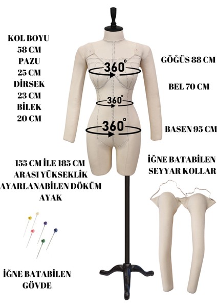 Seyyar Kollu Profesyonel Alt ve Üst Grup 38 Beden Iğne Batabilen Özel Dikişli Terzi Prova Mankeni
