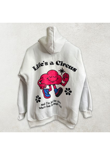 Life's A Circus Beyaz Kapüşonlu Sweatshirt Kalın Kumaş