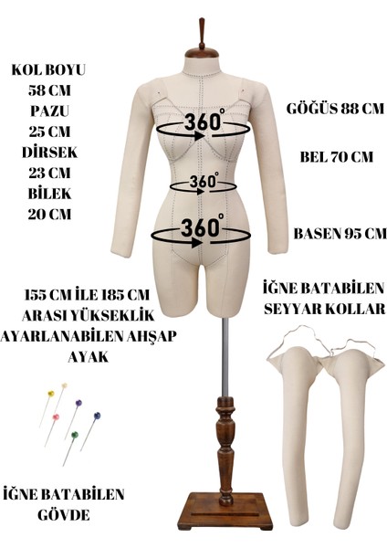 Seyyar Kollu Profesyonel Alt ve Üst Grup 38 Beden Iğne Batabilen Özel Dikişli Terzi Prova Mankeni fiyatları