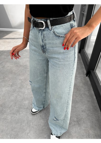 Yırtık Detay Wide Leg Blue Jean