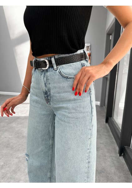 Yırtık Detay Wide Leg Blue Jean