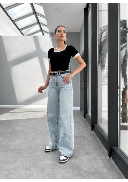 Yırtık Detay Wide Leg Blue Jean