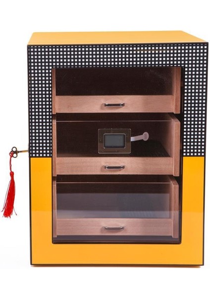Premiumquality Sarı Cohiba Desenli 4 Çekmeceli Sedir Humidor Puro Kutusu