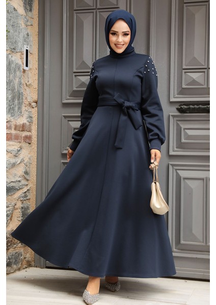 Kolları Boncuk Işlemeli Lacivert Tesettür Elbise 23631L