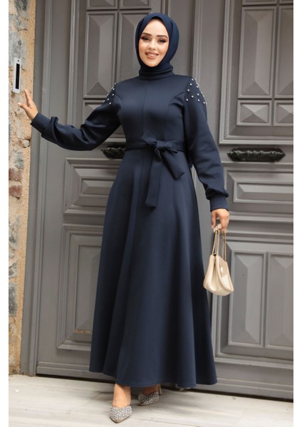 Kolları Boncuk Işlemeli Lacivert Tesettür Elbise 23631L fiyatları
