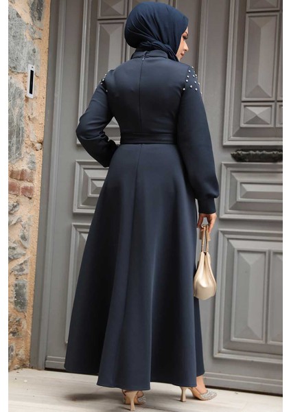 Kolları Boncuk Işlemeli Lacivert Tesettür Elbise 23631L modelleri