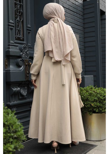 Kolları Boncuk Işlemeli Bej Tesettür Elbise 23631BEJ modelleri