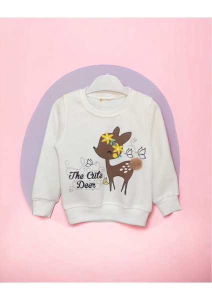 Kız Çocuk Parlak Taş Işlemeli Ponponlu Sevimli Geyik Baskılı Alt / Üst Sweatshirt Takım fiyatları