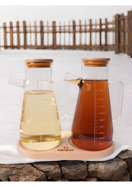 Borosilikat Ahşap Standlı Bambu Vakum Kapaklı Yağlık Sirkelik Takımı 3 Parça 1000 ml