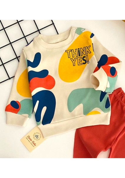 Neşeli Bebekler Think Yes Baskılı Desen Iki Iplik Penye Kumaş Takım Renkli Kiremit fiyatları
