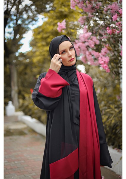 Harika Wear Siyah Bordo Renklerinden Ferace Abaya Takımı (Abaya - Elbise - Şal)