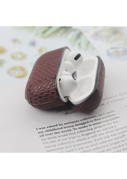Apple Airpods Pro Brown için Kaybolmaya Karşı Kancalı Yılan Derisi Dokulu Pu Deri Kulaklık Kılıfı (Yurt Dışından)