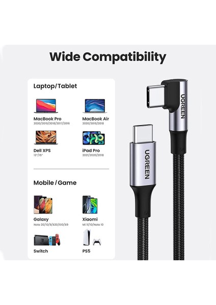 iPhone 15 Serisi Için 1 M 100 W Pd Hızlı Şarj Kablosu Örgülü USB C Veri Kablosu Tip-C Erkek-Tip-C Erkek 90 Derece Dirsek Kablosu (Yurt Dışından)