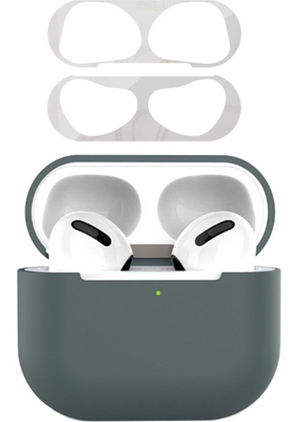 Apple Airpods 3 için Kutusu Silikon Şok Emici Metal Toz Geçirmez Etiket Seti Gece Yarısı İ + Gümüş Kulaklık Kılıfı (Yurt Dışından)