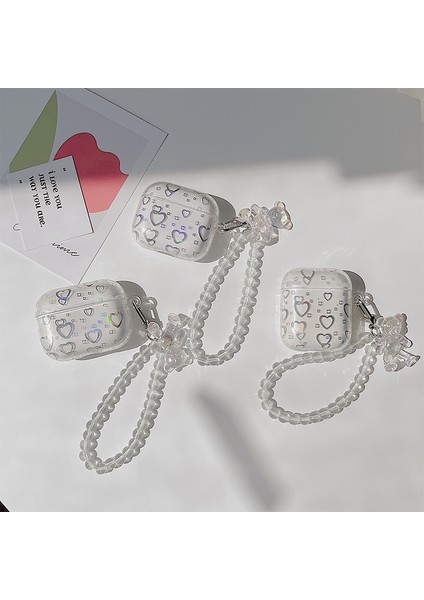 Apple Airpods için Şarj Lı 2016 2019 Kablosuz Şarj Lı Airpods 2019 Şık Şeffaf Tpu Galvanik Aşk Kalp Desenli Ayı Kolye Bilezikli Kulaklık Kılıfı (Yurt Dışından)