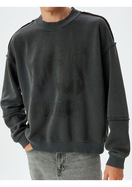 Oversize Sweatshirt Baskılı Bisiklet Yaka Yıkamalı Şardonlu Pamuk Karışımlı indirimleri