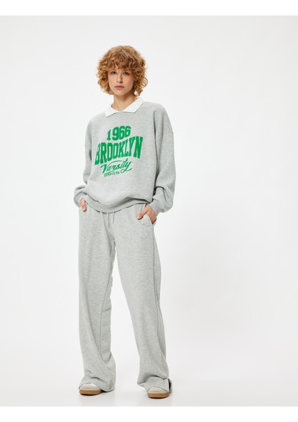 Polo Yaka Sweatshirt Oversize Kolej Baskılı Uzun Kollu
