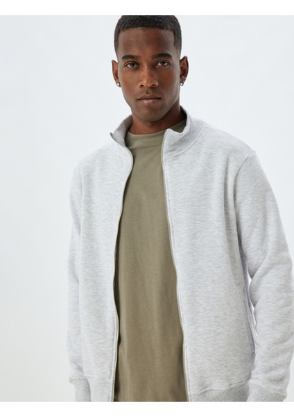 Fermuarlı Sweatshirt Dik Yaka Uzun Kollu Cep Detaylı Şardonlu Pamuk Karışımlı