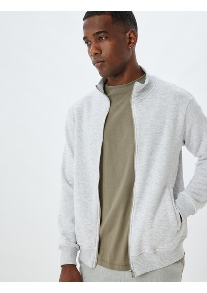 Fermuarlı Sweatshirt Dik Yaka Uzun Kollu Cep Detaylı Şardonlu Pamuk Karışımlı fiyatları