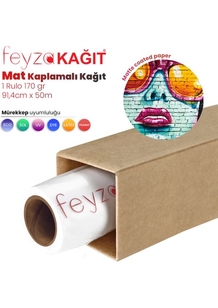 Feyza Kağıt® Premium Mat Coated Kağıt (Kaplamalı) 170 gr Rulo 91,4 cm x 50 mt  - 1 Rulo