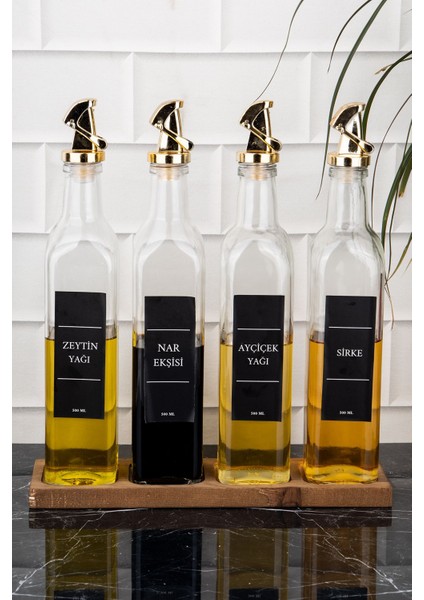 4'lü Cam Yağdanlık Seti, Ahşap Stant, Gold Kilit, 500 ml, Sarı, Şeffaf