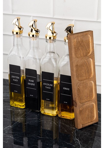 4'lü Cam Yağdanlık Seti, Ahşap Stant, Gold Kilit, 500 ml, Sarı, Şeffaf modelleri